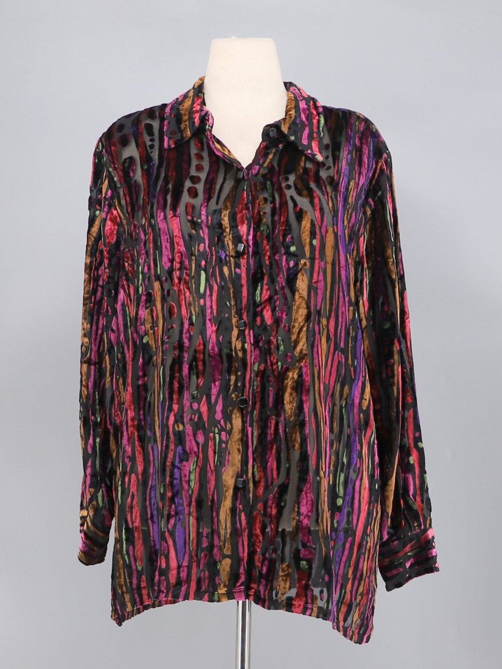 BOB MACKIE Wearable Art Sheer Colorful Silk Blend Velevt Burnout Shirt Size L